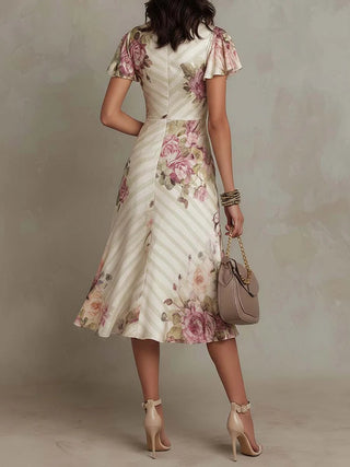 ALBA™ | Elegant Retro Satin Midi Dress with Floral Print