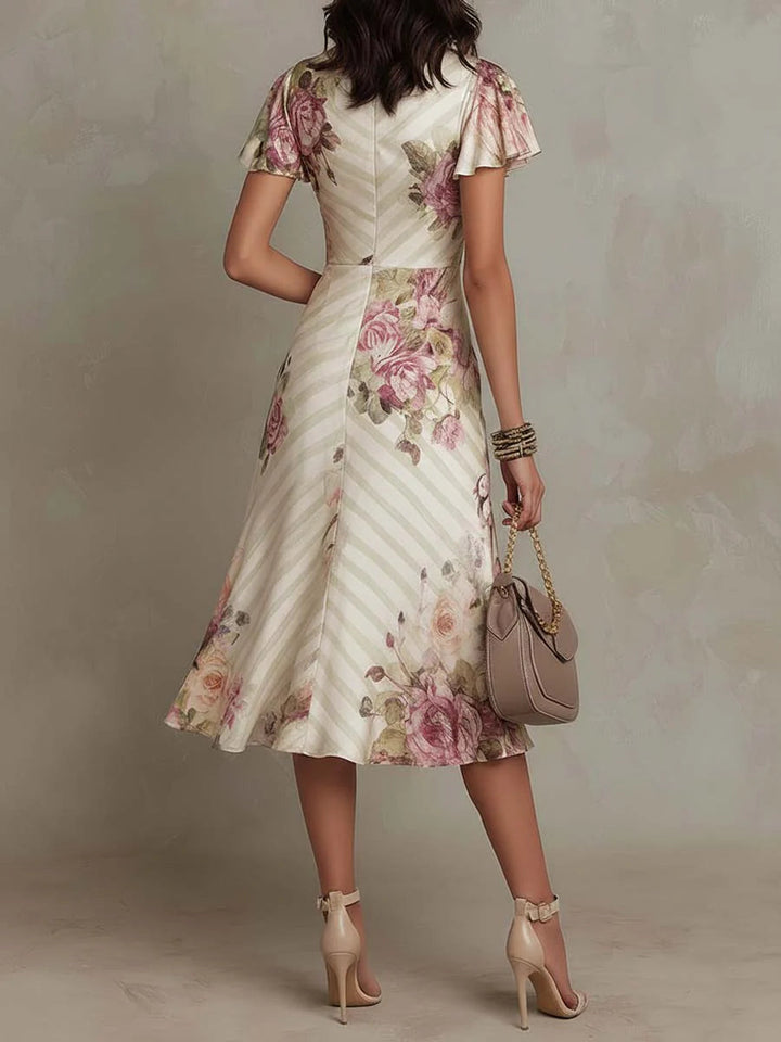 ALBA™ | Elegant Retro Satin Midi Dress with Floral Print