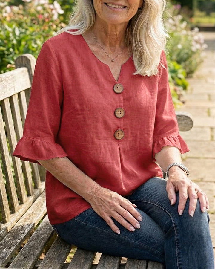 Mariana | V-Neck Blouse with Wooden Buttons and Ruffled Sleeves