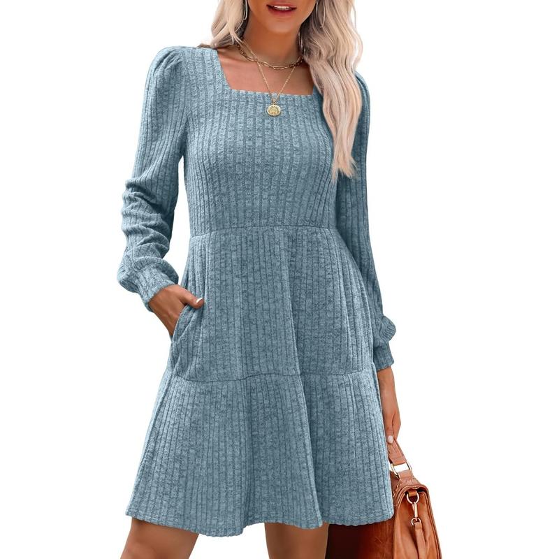 ELIZA™ - Cozy Square Neck Long-Sleeve Babydoll Sweater Dress