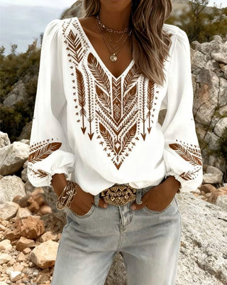 EVY | Puffed Sleeve Blouse with Wide V-Neck