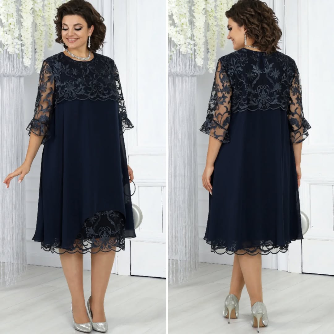 LIVIA | Women's Embroidered Patchwork Chiffon Dress Round Neckline
