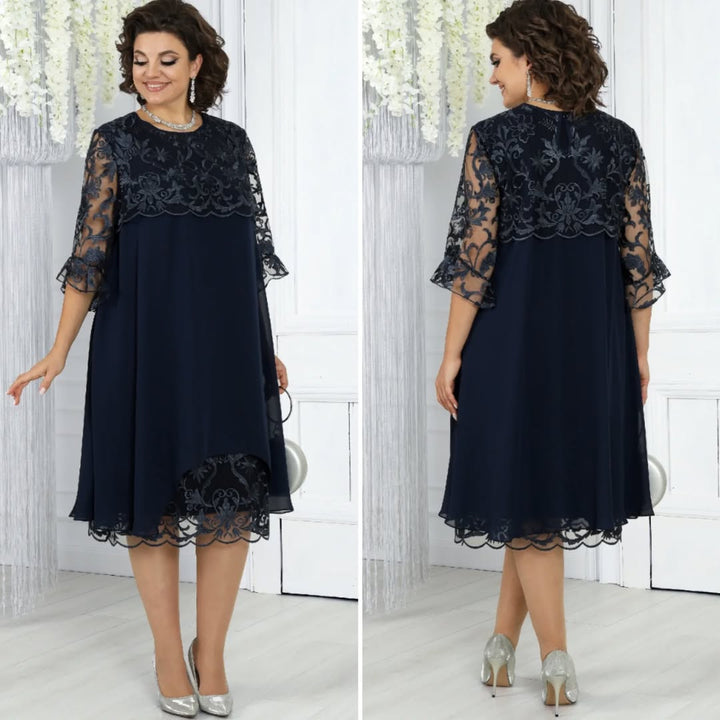 LIVIA | Women's Embroidered Patchwork Chiffon Dress Round Neckline