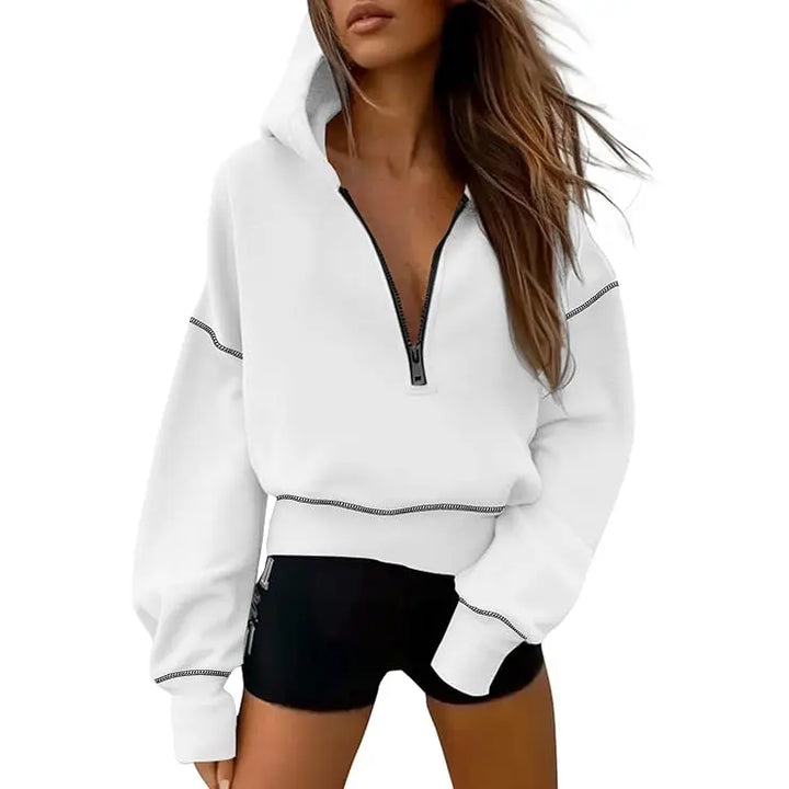 GRETEL™ - Cropped Hooded Pullover Sweatshirt with Zipper & Stitching Detail