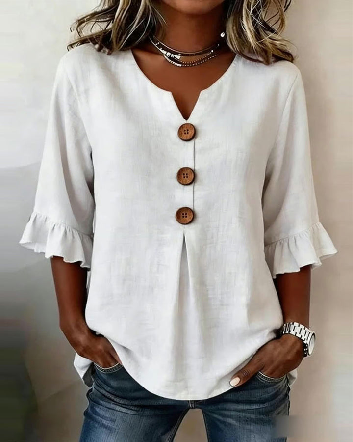Mariana | V-Neck Blouse with Wooden Buttons and Ruffled Sleeves