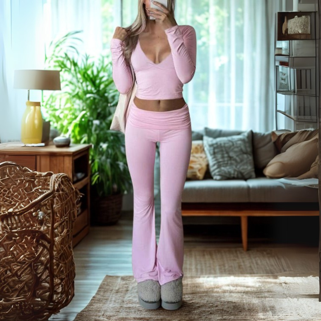 SINA™ - Casual V-Neck Long-Sleeve Crop Top and Pants Set