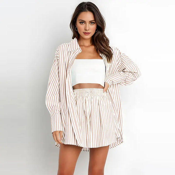 TIFY™ - Chic Striped Collared Shirt and Wide-Leg Shorts Set