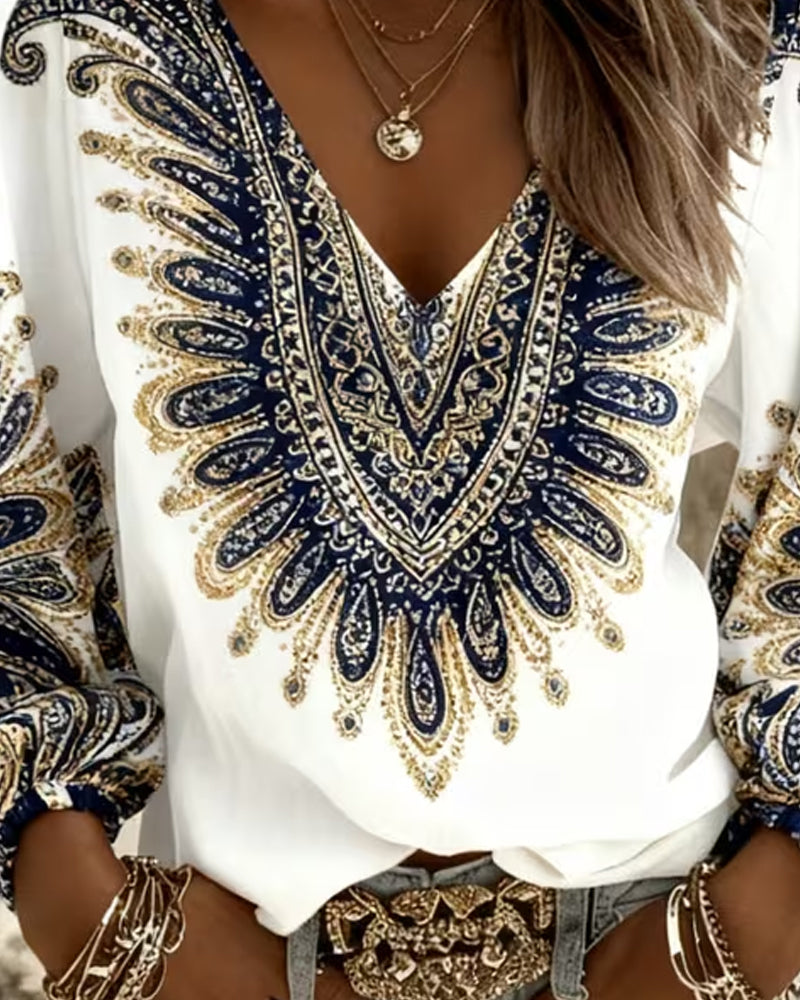 Elaiza | V-Neck Top with Retro Print