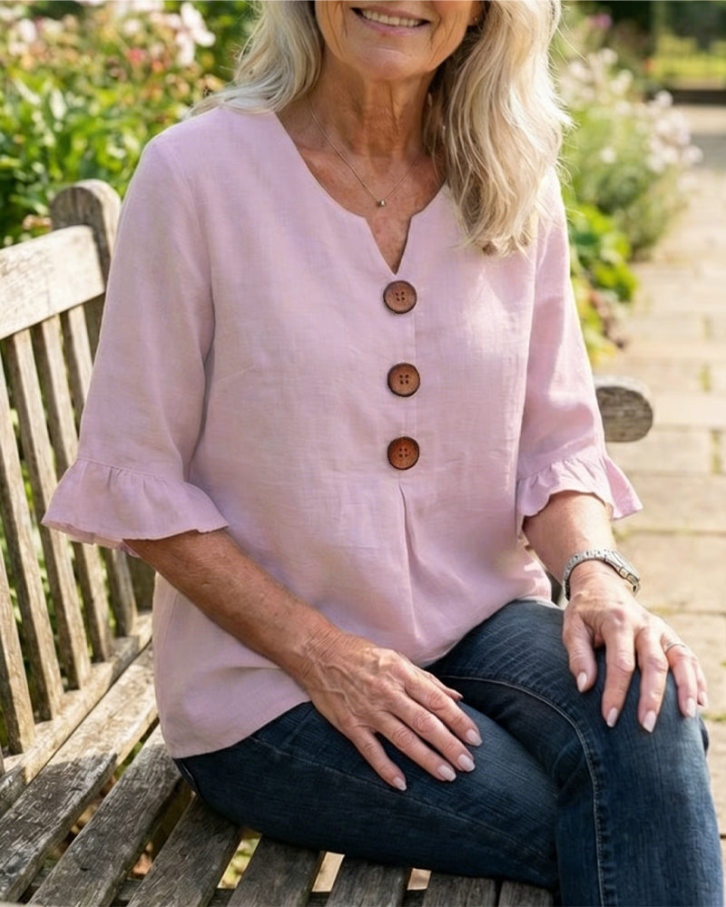 Mariana | V-Neck Blouse with Wooden Buttons and Ruffled Sleeves