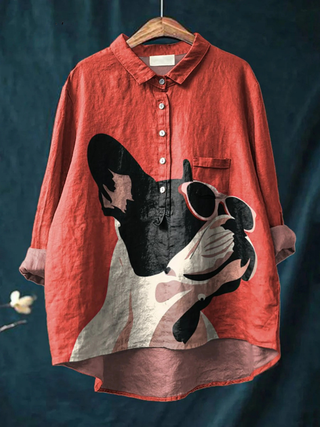 Samantha | Decorative Pattern of French Bulldog Wearing Sunglasses On Red Background Casual Shirt
