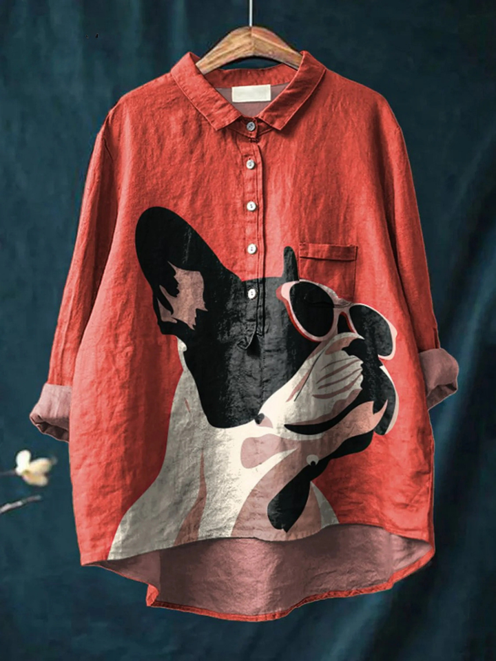 Samantha | Decorative Pattern of French Bulldog Wearing Sunglasses On Red Background Casual Shirt