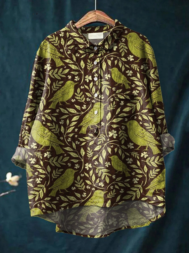 Nora | Women's Vintage Floral Birds Art Print Casual Shirt