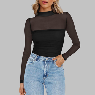 Vega - Chic Sheer Mesh See-Through Long-Sleeve Top