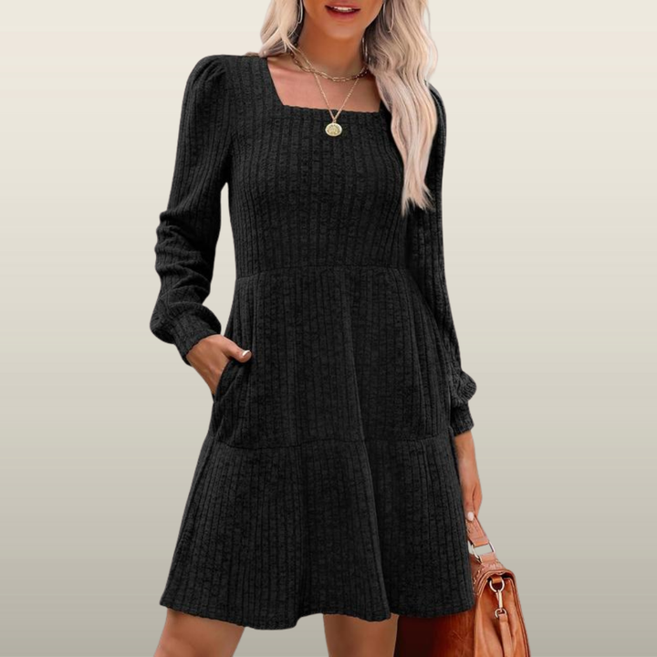ELIZA™ - Cozy Square Neck Long-Sleeve Babydoll Sweater Dress