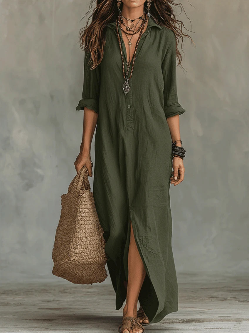SOLINE™ | Loose Black Maxi Dress with Buttons