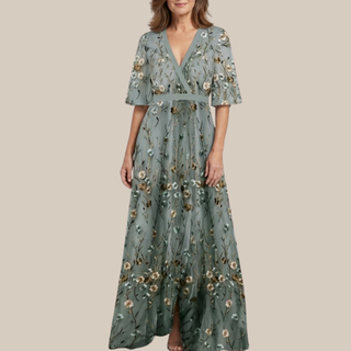EVADNE™ | Floral V-Neck Short-Sleeve Maxi Dress