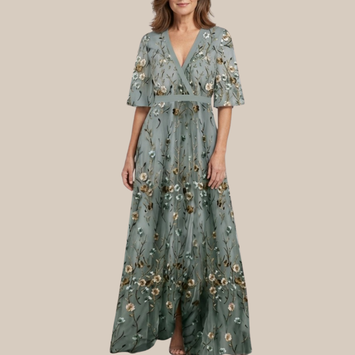EVADNE™ | Floral V-Neck Short-Sleeve Maxi Dress