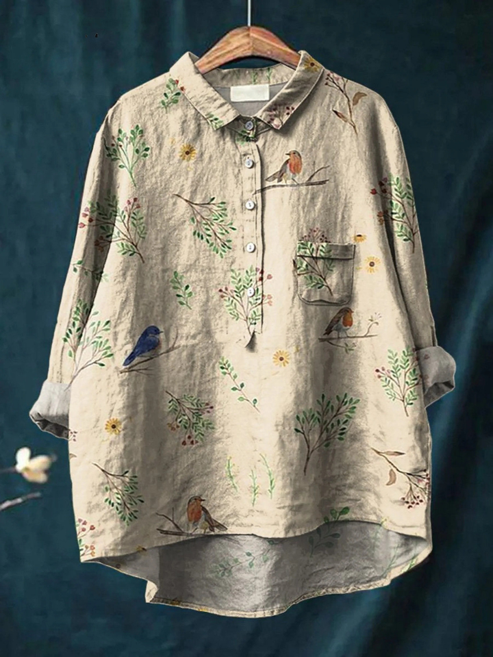Lorelai | Boughs And Robin Birds Pattern Printed Women's Casual Shirt