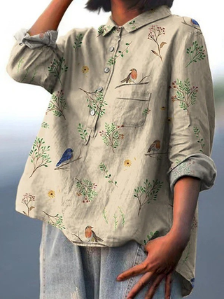Lorelai | Boughs And Robin Birds Pattern Printed Women's Casual Shirt