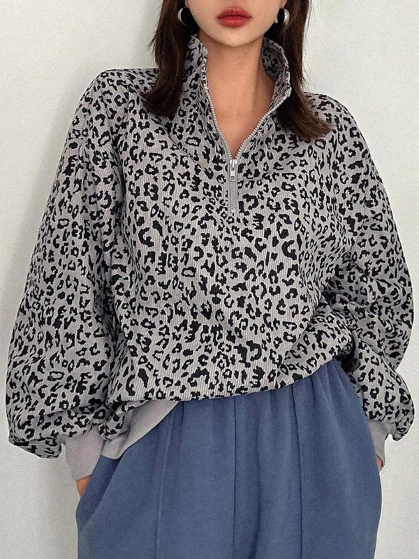 INGRID™ - Women's Casual Zip-Up Front Leopard Print Sweatshirt Long-Sleeve