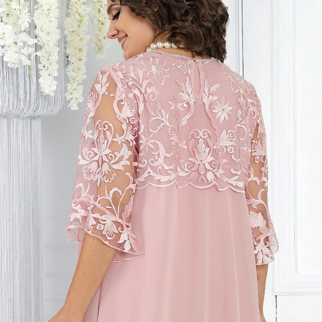 LIVIA | Women's Embroidered Patchwork Chiffon Dress Round Neckline