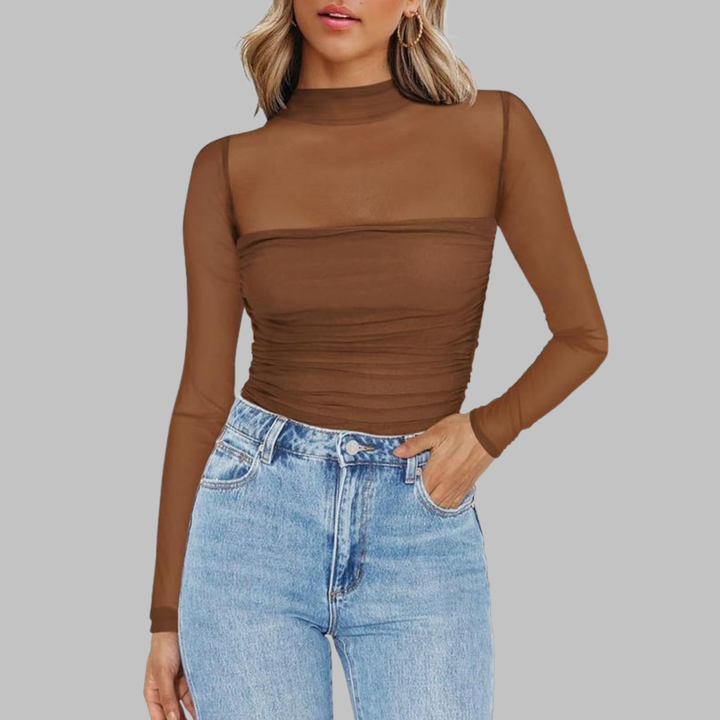 Vega - Chic Sheer Mesh See-Through Long-Sleeve Top