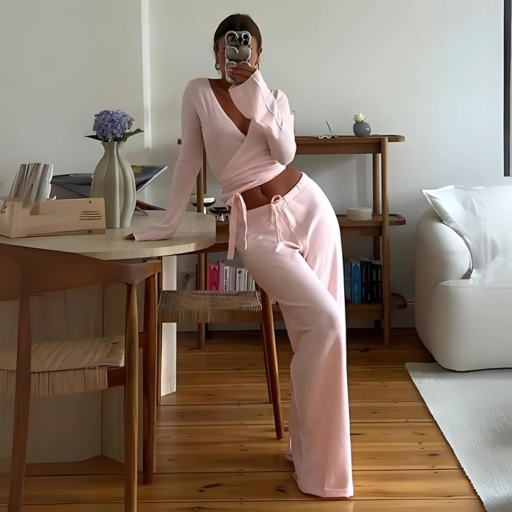 LETISA™ - Chic V-Neck Long-Sleeve Top and Pants Set