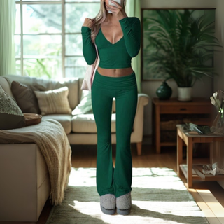 SINA™ - Casual V-Neck Long-Sleeve Crop Top and Pants Set