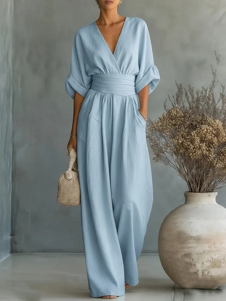 Slimelle | V-Neck Wide-Leg Jumpsuit