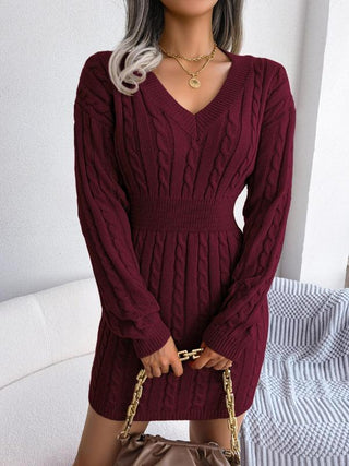 HOLLY™ - Cozy Long-Sleeve V-Neck Cable Knit Sweater Dress