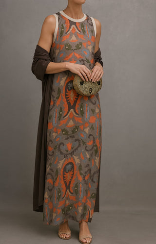 Elina | Printed Maxi Dress & Vest Set
