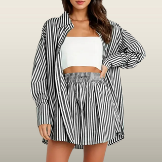 TIFY™ - Chic Striped Collared Shirt and Wide-Leg Shorts Set