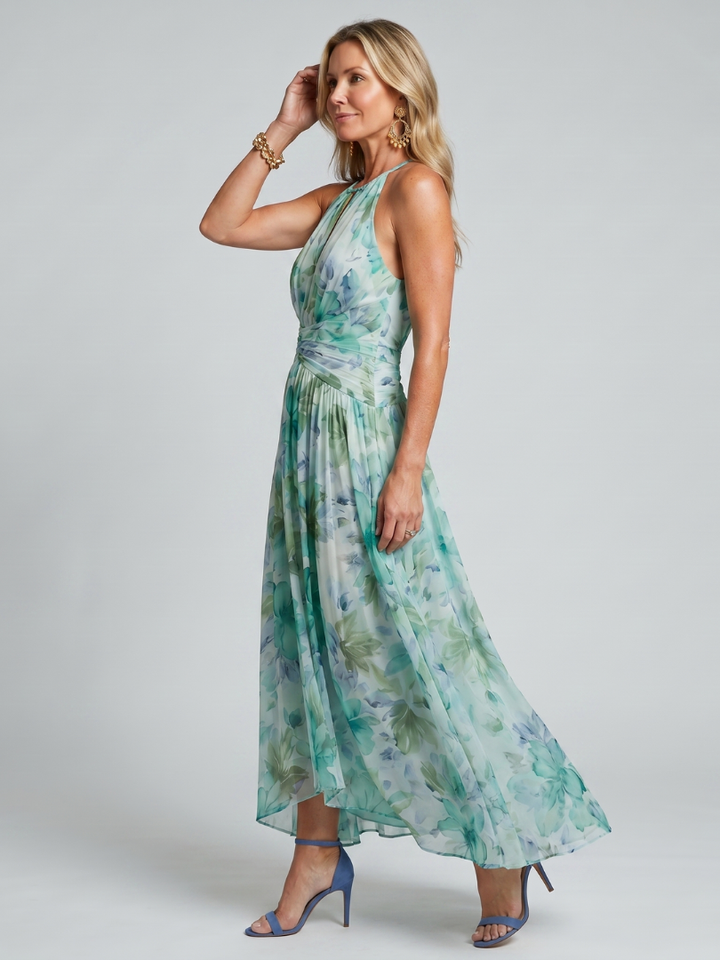 PORTIA | Pleated Halter Floral Midi Dress