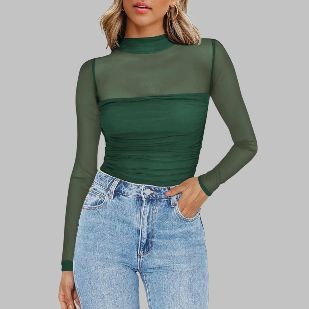 Vega - Chic Sheer Mesh See-Through Long-Sleeve Top