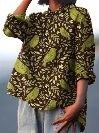 Nora | Women's Vintage Floral Birds Art Print Casual Shirt