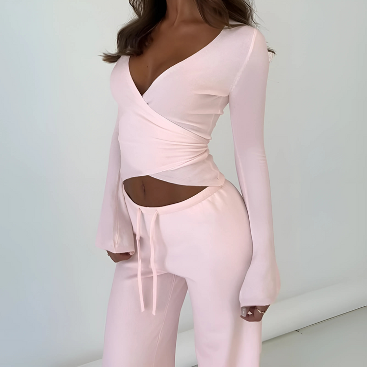 LETISA™ - Chic V-Neck Long-Sleeve Top and Pants Set