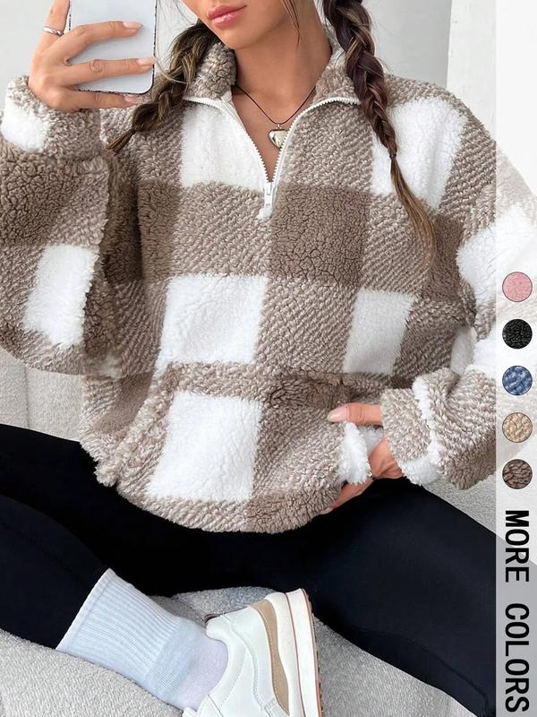 SAVANNAH™ - Stylish Plaid Print Half-Zip Long-Sleeve Sweatshirt