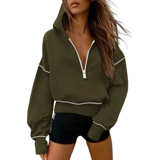 GRETEL™ - Cropped Hooded Pullover Sweatshirt with Zipper & Stitching Detail