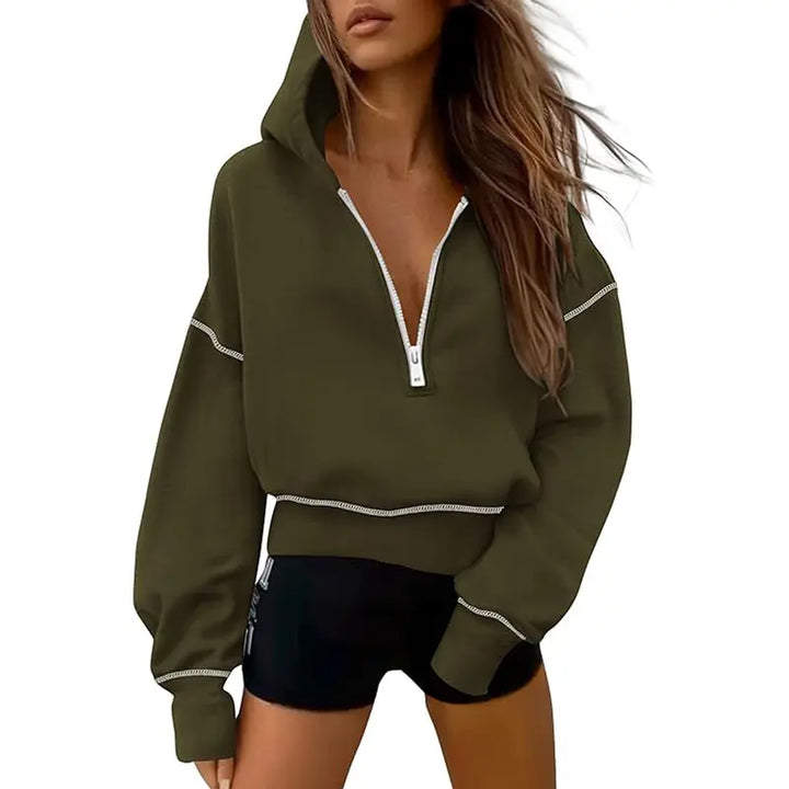GRETEL™ - Cropped Hooded Pullover Sweatshirt with Zipper & Stitching Detail