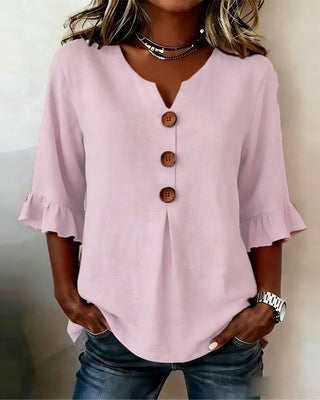 Mariana | V-Neck Blouse with Wooden Buttons and Ruffled Sleeves