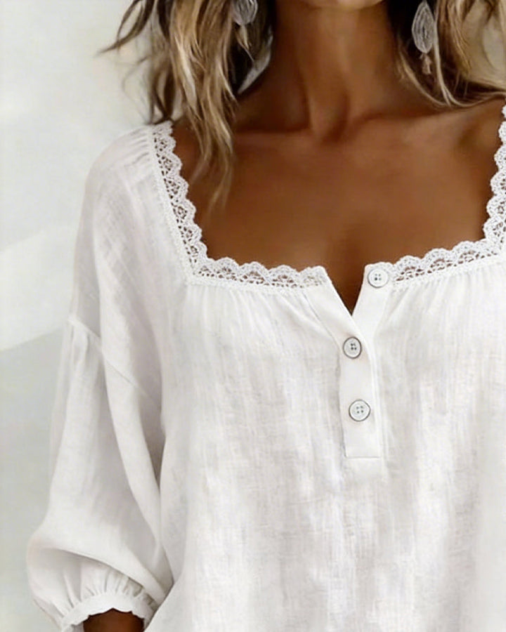Eva | Lace Blouse with Square Neck and Puff Sleeves