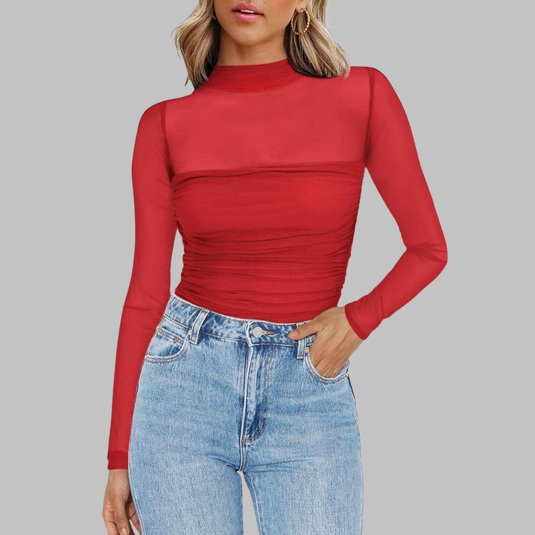 Vega - Chic Sheer Mesh See-Through Long-Sleeve Top