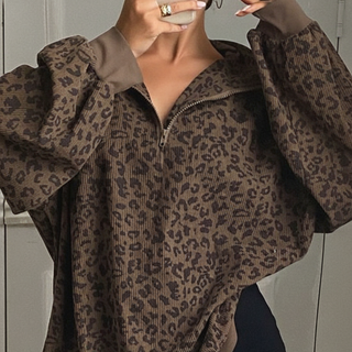 INGRID™ - Women's Casual Zip-Up Front Leopard Print Sweatshirt Long-Sleeve