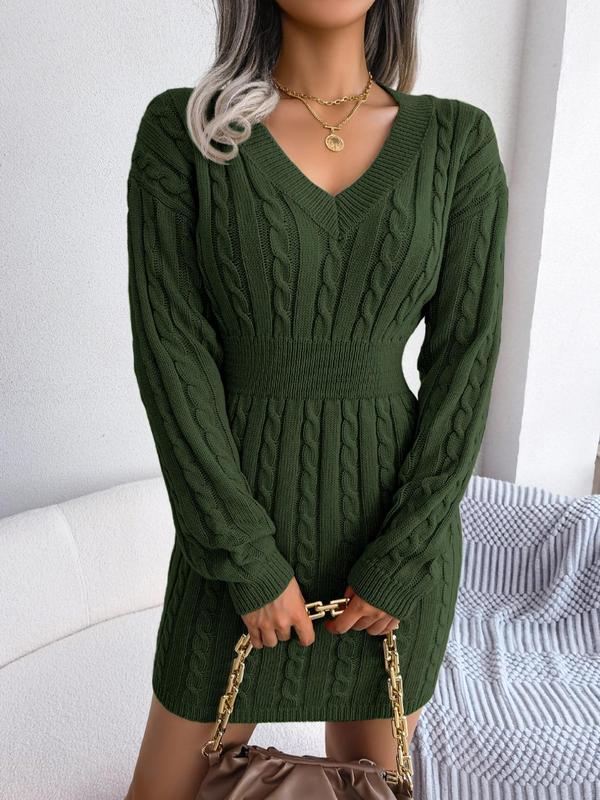 HOLLY™ - Cozy Long-Sleeve V-Neck Cable Knit Sweater Dress