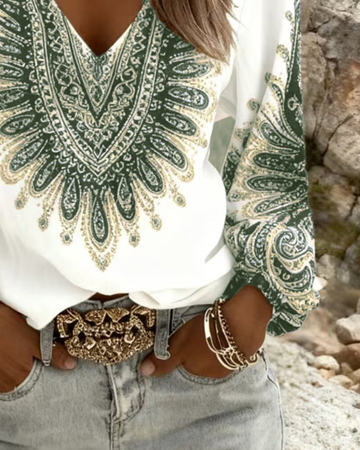 Elaiza | V-Neck Top with Retro Print