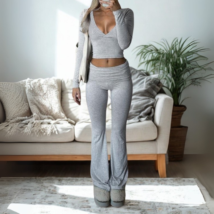 SINA™ - Casual V-Neck Long-Sleeve Crop Top and Pants Set