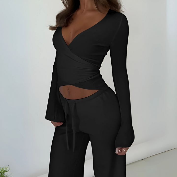 LETISA™ - Chic V-Neck Long-Sleeve Top and Pants Set