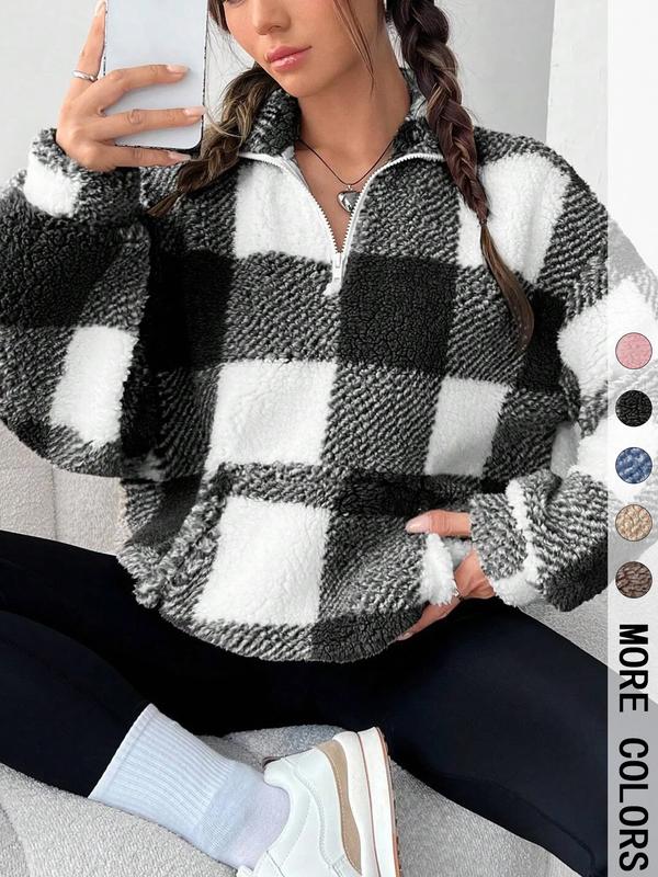SAVANNAH™ - Stylish Plaid Print Half-Zip Long-Sleeve Sweatshirt