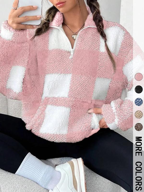 SAVANNAH™ - Stylish Plaid Print Half-Zip Long-Sleeve Sweatshirt