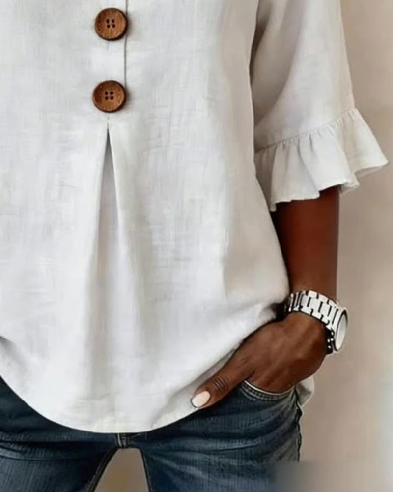 Mariana | V-Neck Blouse with Wooden Buttons and Ruffled Sleeves